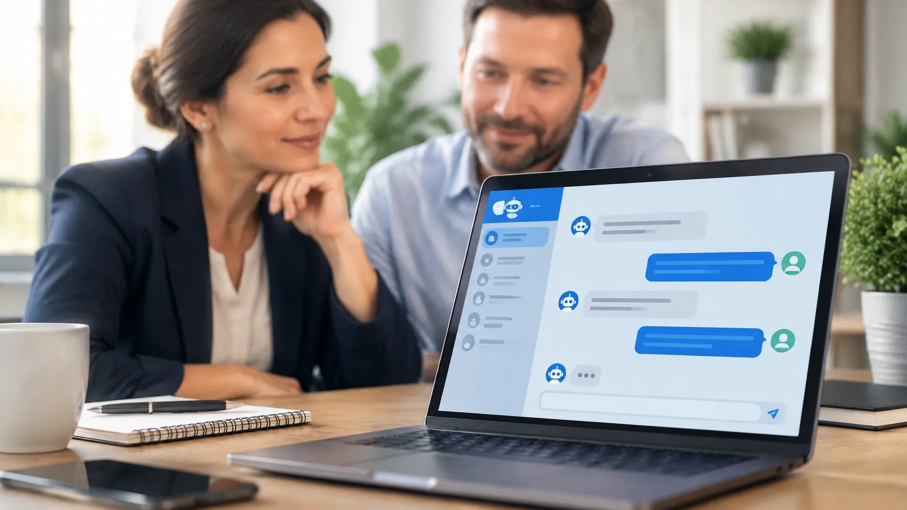 Dueño de una pequeña empresa revisando un chatbot de atención al cliente